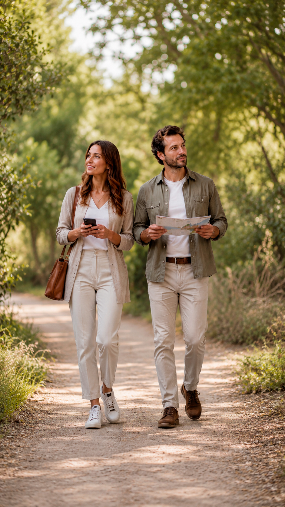 Imagen decorativa de pareja de un hombre y una mujer andando por un entorno natural en la que él lleva un mapa en las manos y ella un móvil