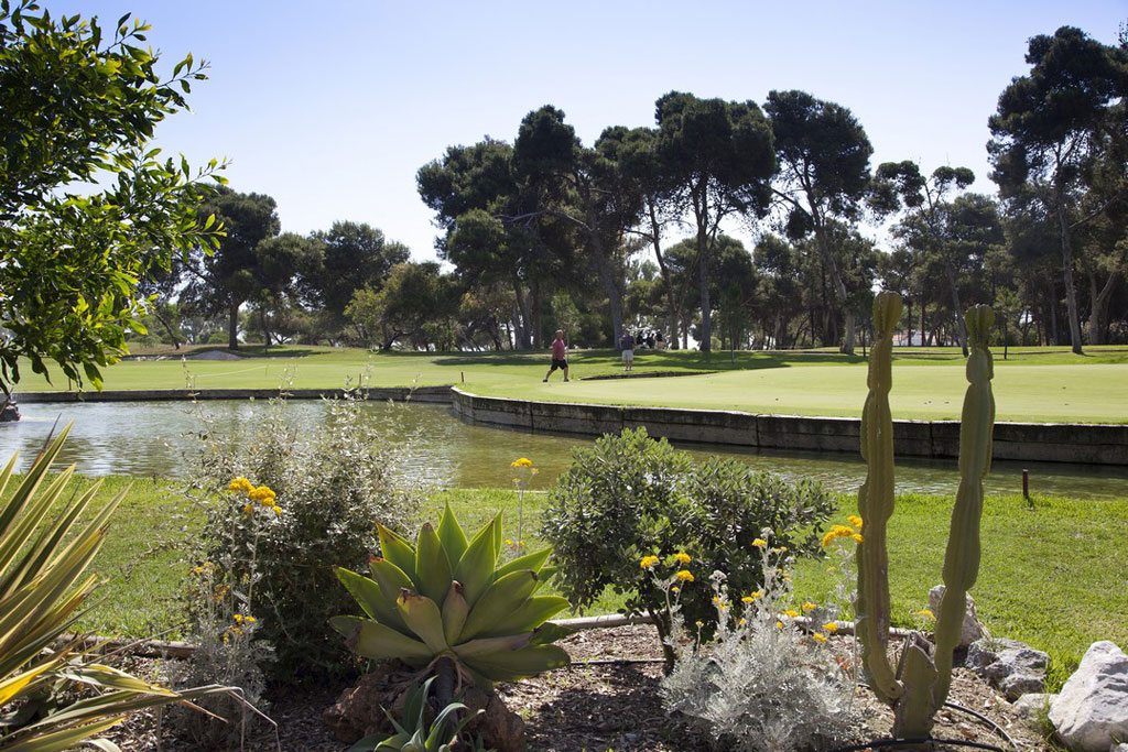 Jardines y estanques Buggies de golf siempre disponibles para golfistas del campo de golf del Parador de Málaga Gibralfaro