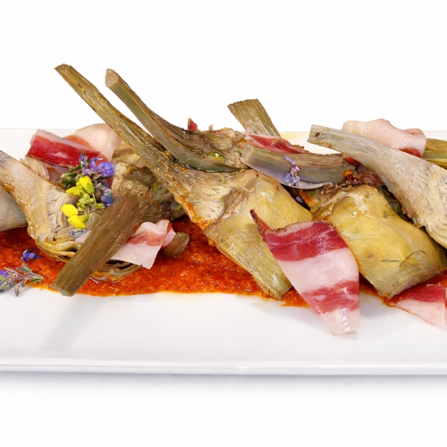 Alcachofas con papada ibérica