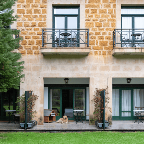 Perro descansando en la terraza de la habitación del Parador de Cangas de Onís
