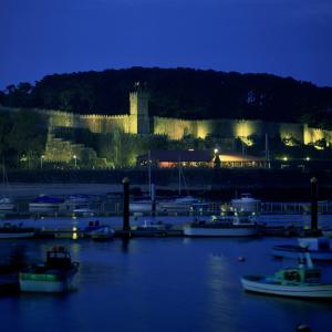 Vista del puerto de Bayona por la noche con la muralla iluminada al fondo 
