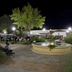 Fuente decorada con flores para celebración en los jardines del Parador de Albacete iluminada en la noche