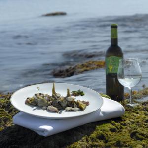 Alcachofas de Benicarló a orillas del mar, con una copa de vino