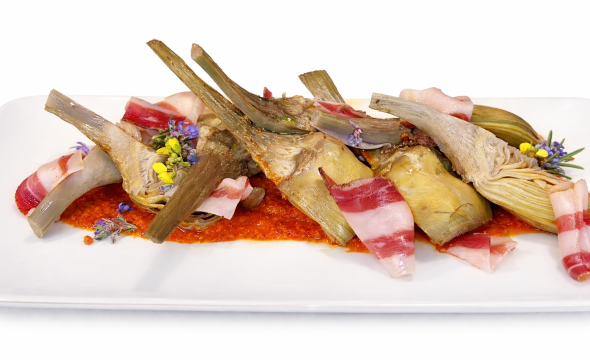 Alcachofas con papada ibérica